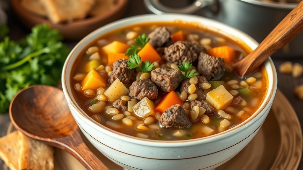 Hearty Beef Barley Soup Recipe A comforting bowl of beef barley soup with beef, barley, carrots, and celery, garnished with parsley.